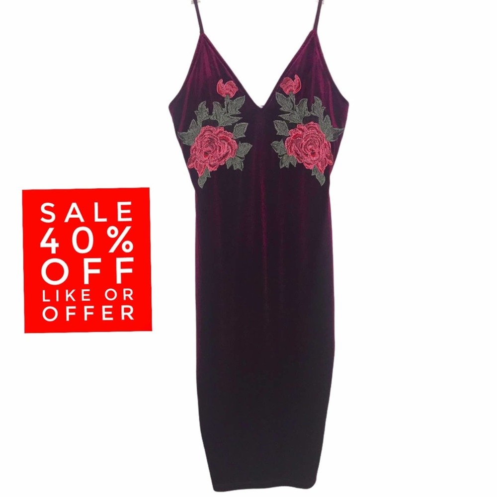 KTOO Faux Velvet Floral Midi Dress Burgundy M